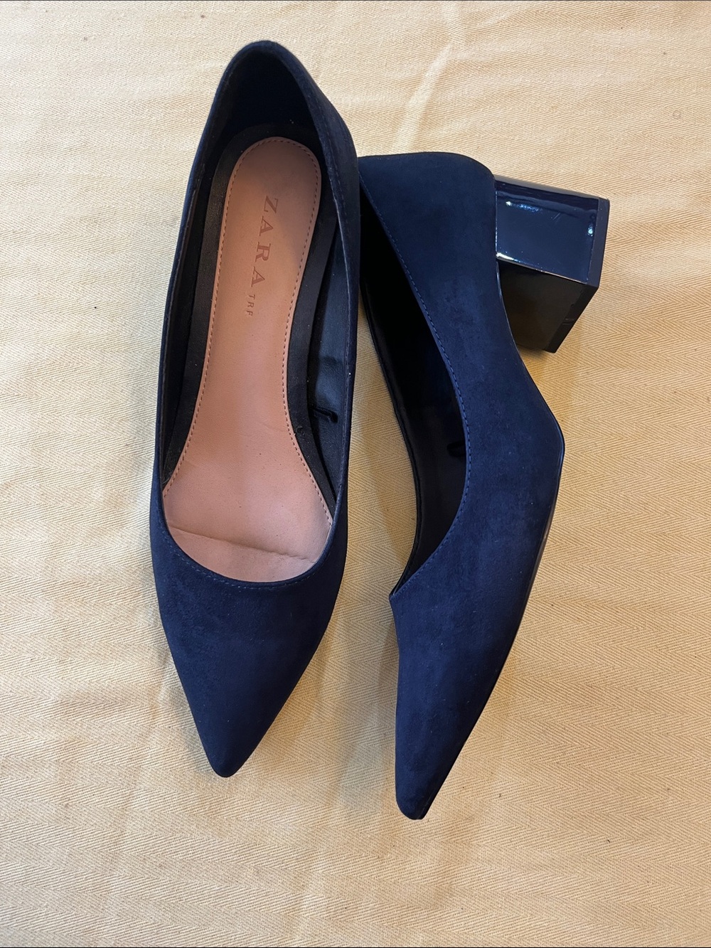 Zara Navy Pointed Suede Block Heel Pumps